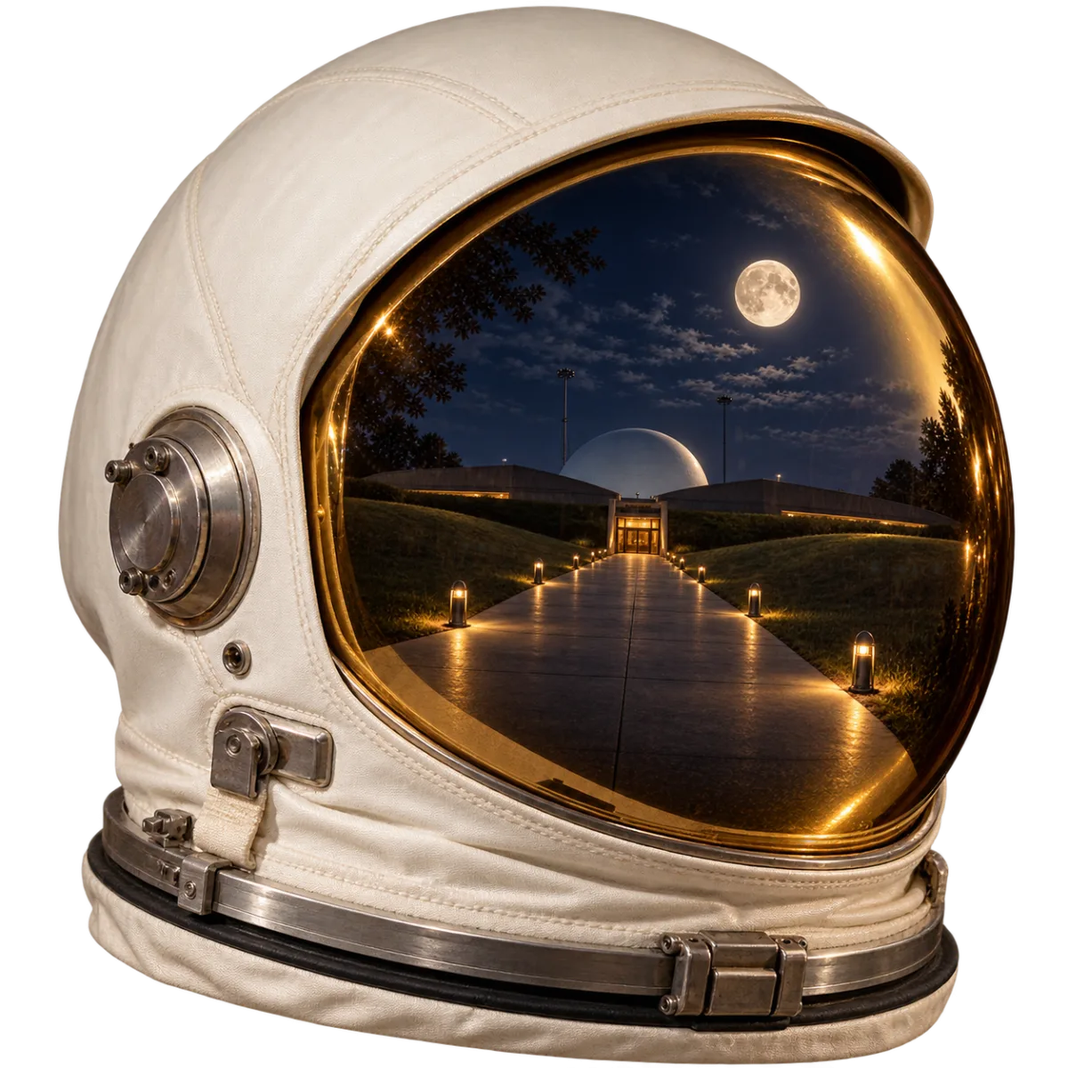 Astronaut helmet reflecting the Armstrong Air and Space Museum