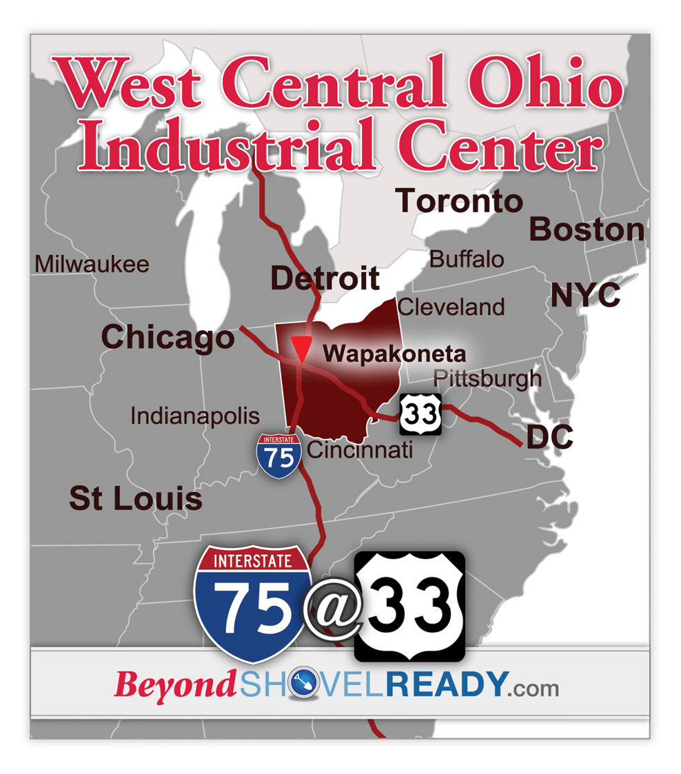Map showing Wapakoneta and the West Central Ohio Industrial Center near Interstate 75 and U.S. Route 33
